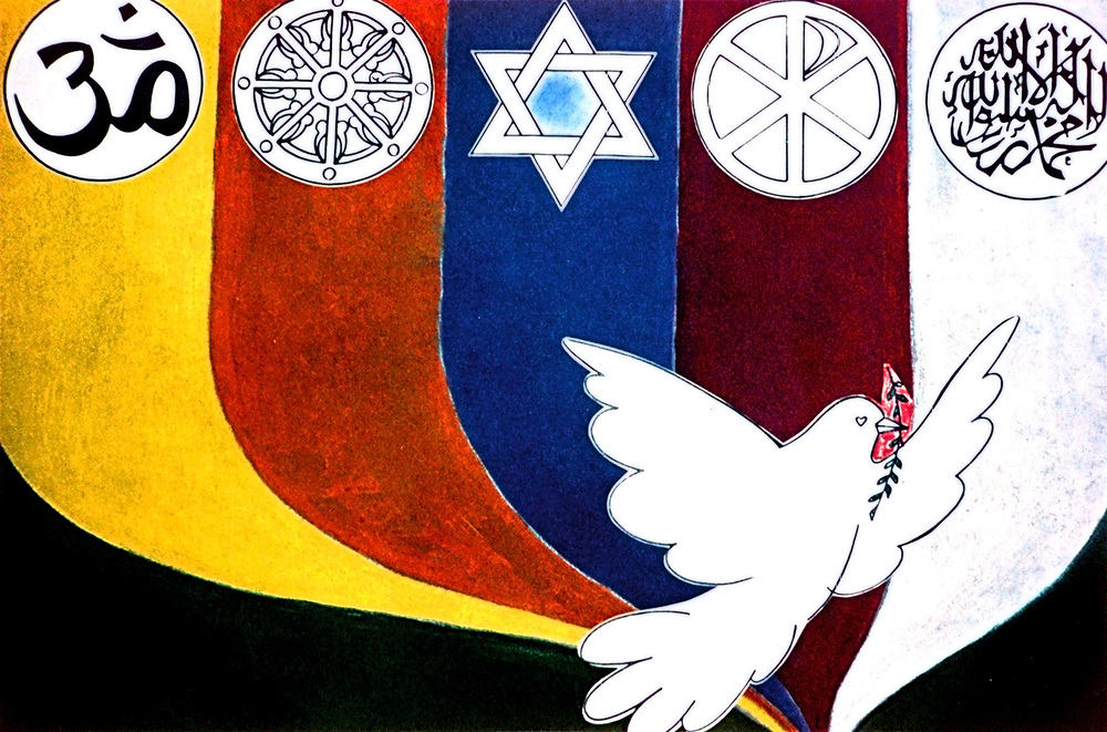 Friedensbewegung / kathbild.at/Rupprecht, Franz Josef Rupprecht Pax-Christi (katholische Friedensbewegung)-Plakat. Die Embleme stehen f?r die Weltreligionen. V. li.: Hinduismus, Buddhismus, Judentum, Christentum, Islam. Die Friedenstaube (Picasso?) ist ?ber ihre globale Symbolik hinaus spezifisches Zeichen von Pa